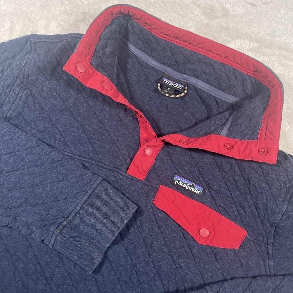 Patagonia Organic Cotton Diamond Quilt Snap-T Blue & Red Quilted Pullover Mens M